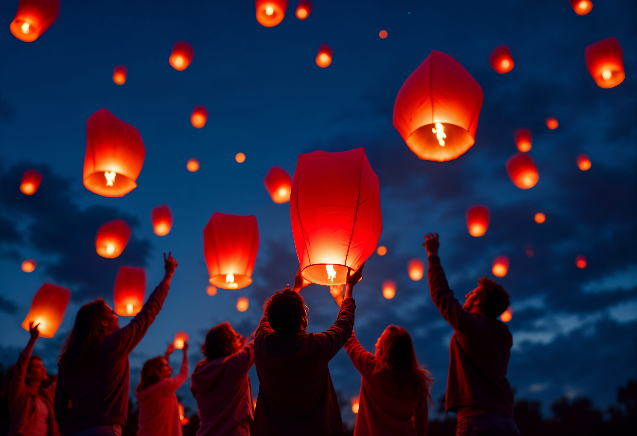 Nachthimmel mit Menschen, die Laternen in den Himmel steigen lassen